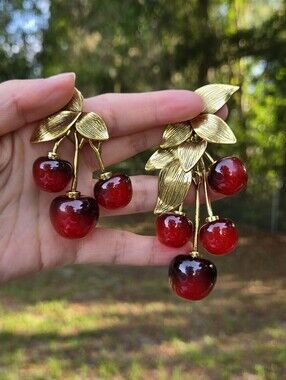 Runway Style Gold-Tone Cherry Drop Earrings with Red Glass Cherries